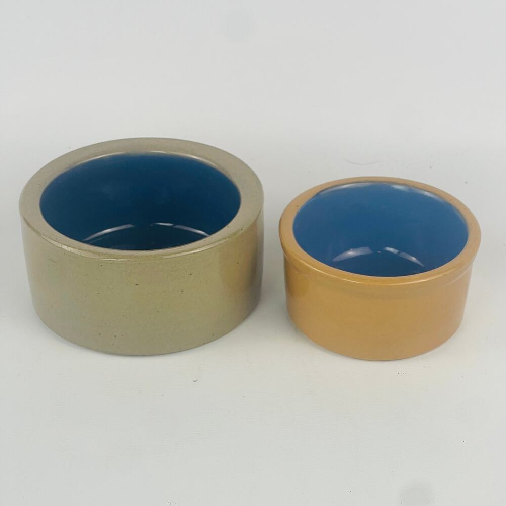 Ceramic Stoneware Crock Bowls Blue Interior 5 1/8" and 4 1/4"